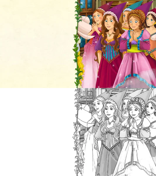 Kalede prensesle karikatür sahnesi - çocuklar için çizim