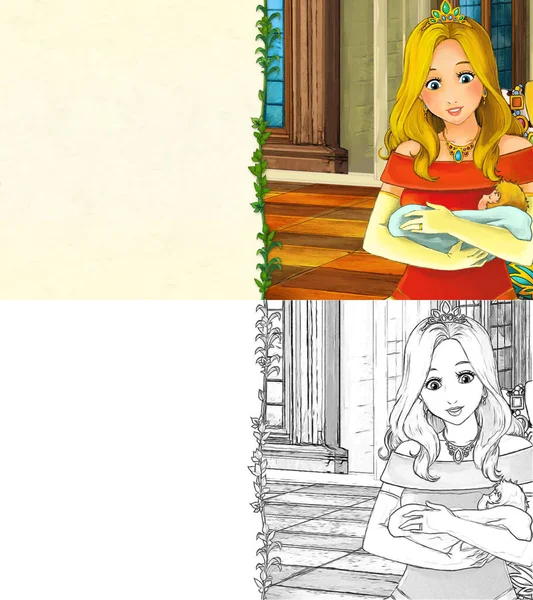 Kalede prensesle karikatür sahnesi - çocuklar için çizim