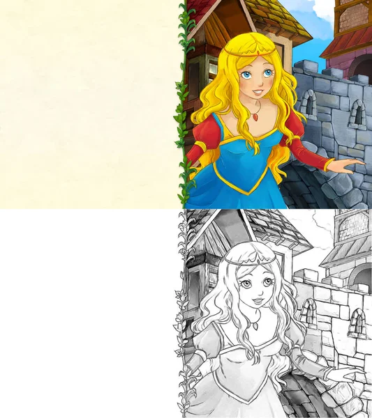 Desenho Animado Cena Com Princesa Cidade Castelo Ilustração Para Crianças — Fotografia de Stock