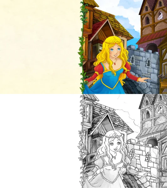 Cartoon Sketch Szene Mit Prinzessin Der Burgstadt Illustration Für Kinder — Stockfoto