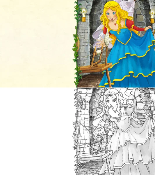 卡通画 公主在城堡里的场景 儿童插图 — 图库照片
