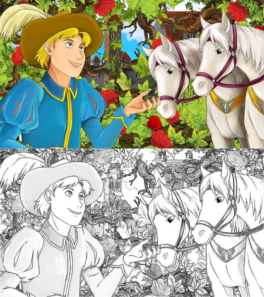 Dibujo Dibujos Animados Escena Con Príncipe Jardín Con Caballos Ilustración — Foto de Stock