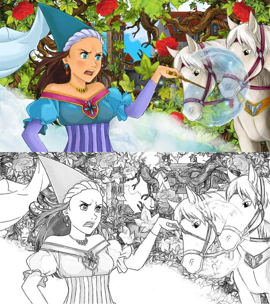 Desenho Animado Cena Com Princesa Jardim Com Cavalos Ilustração Para — Fotografia de Stock