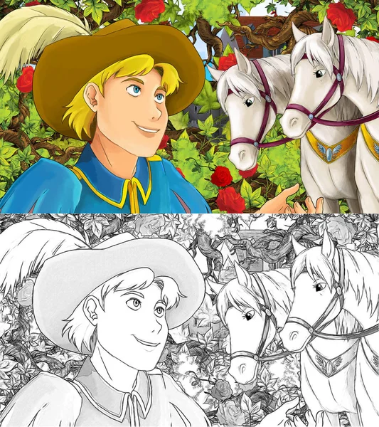 Prens 'in bahçede atlarla çizdiği karikatür sahnesi - çocuklar için çizim