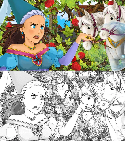 Zeichentrick Sketch Szene Mit Prinzessin Garten Mit Pferden Illustration Für — Stockfoto