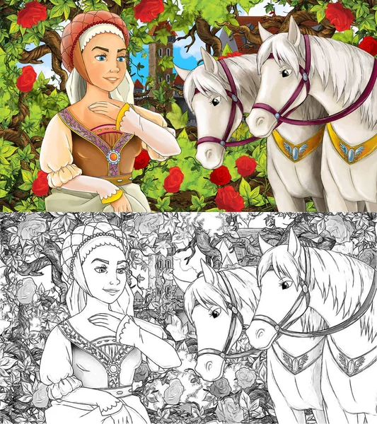 Bahçedeki prensesle çocuklar için resimli karikatür sahnesi.