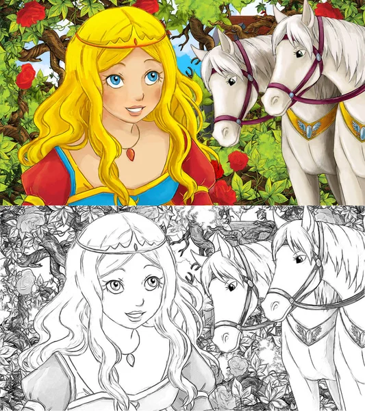 Bahçedeki prensesle çocuklar için resimli karikatür sahnesi.