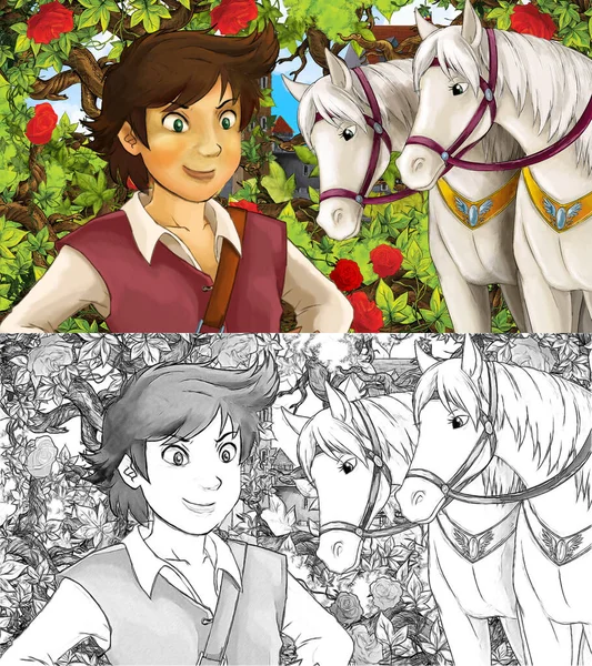 Prens 'in bahçede atlarla çizdiği karikatür sahnesi - çocuklar için çizim