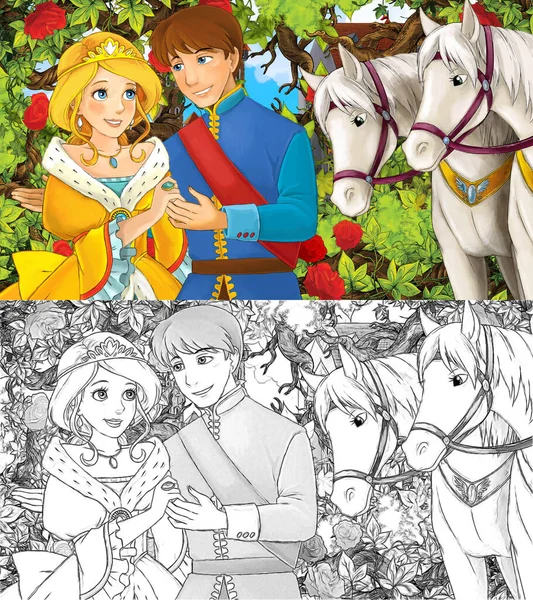 Tecknad Skiss Scen Med Prins Och Prinsessa Trädgården Med Hästar — Stockfoto