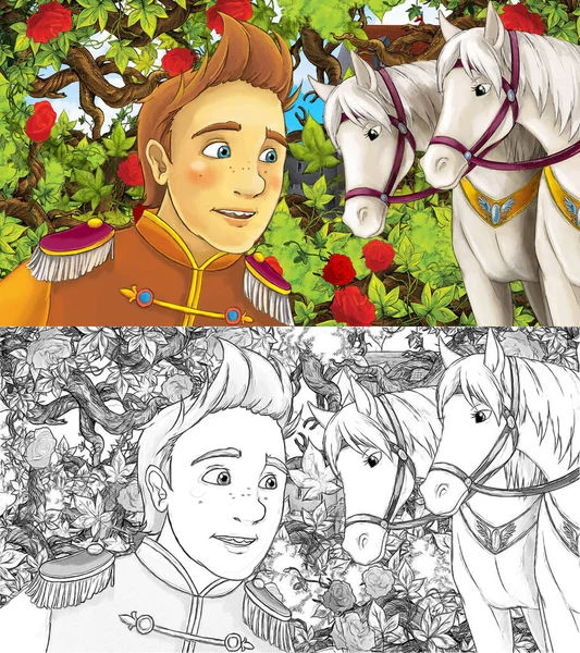 Prens 'in bahçede atlarla çizdiği karikatür sahnesi - çocuklar için çizim