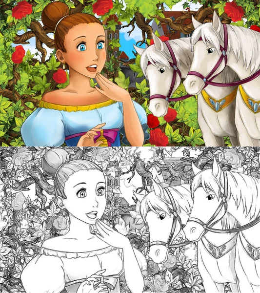 cartoon sketch scene with princess in garden with horses - illustration for children