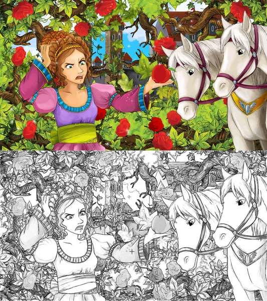 Bahçedeki prensesle çocuklar için resimli karikatür sahnesi.