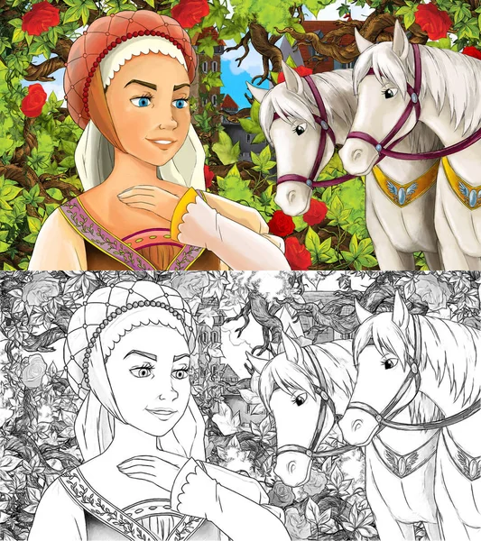 cartoon sketch scene with princess in garden with horses - illustration for children