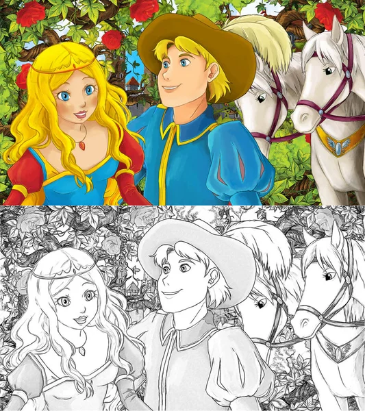 Escena Dibujos Animados Con Príncipe Princesa Jardín Con Caballos Ilustración —  Fotos de Stock