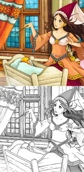 Kalede prensesle karikatür sahnesi - çocuklar için çizim