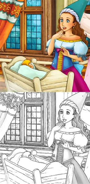 cartoon sketch scene with princess in castle - illustration for children