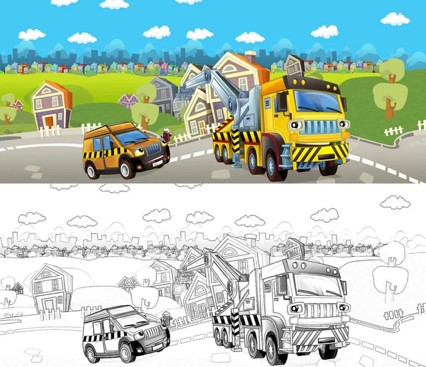 Scena Schizzo Del Cartone Animato Con Carro Attrezzi Strada Illustrazione — Foto Stock