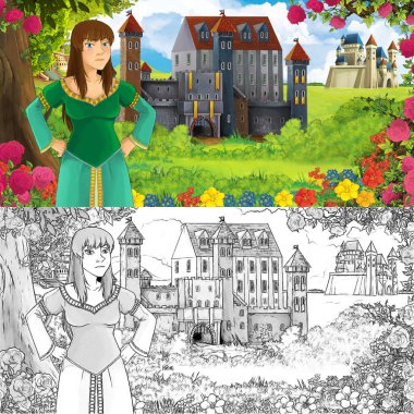 Karikatür doğa eskiz sahnesi. Ormanın yakınında güzel kaleler ve güzel genç bir kız. Çocuklar için çizimler.