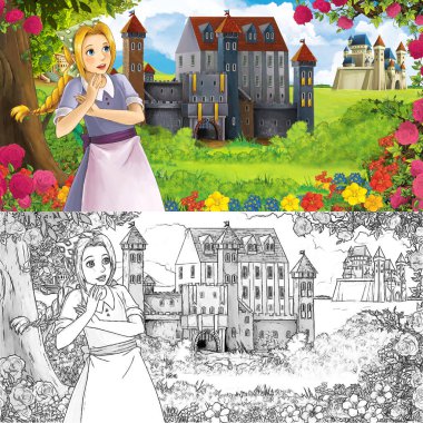 Karikatür doğa eskiz sahnesi. Ormanın yakınında güzel kaleler ve güzel genç bir kız. Çocuklar için çizimler.