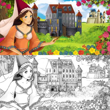 Karikatür doğa eskiz sahnesi. Ormanın yakınında güzel kaleler ve güzel genç bir kız. Çocuklar için çizimler.