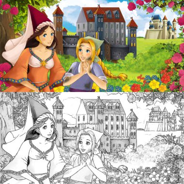 Karikatür doğa eskiz sahnesi. Ormanın yakınında güzel kaleler ve güzel genç bir kız. Çocuklar için çizimler.