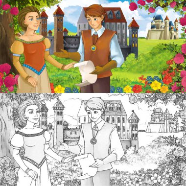 Karikatür doğa eskiz sahnesi. Ormanın yakınında güzel kaleler, içinde güzel genç bir kız ve prens var. Çocuklar için illüstrasyon.