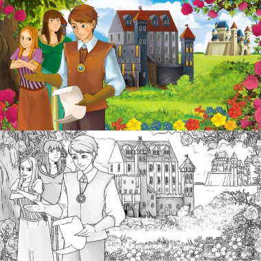 Karikatür doğa eskiz sahnesi. Ormanın yakınında güzel kaleler, içinde güzel genç bir kız ve prens var. Çocuklar için illüstrasyon.