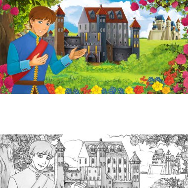 Karikatür doğa sahnesi. Ormanın yakınındaki güzel şatolarda, yakışıklı genç bir çocukla birlikte. Çocuklar için bir resim.