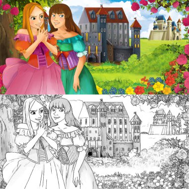 Karikatür doğa eskiz sahnesi. Ormanın yakınında güzel kaleler ve güzel genç bir kız. Çocuklar için çizimler.