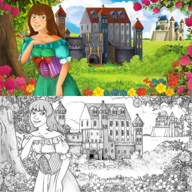 Karikatür doğa eskiz sahnesi. Ormanın yakınında güzel kaleler ve güzel genç bir kız. Çocuklar için çizimler.