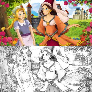 Karikatür doğa eskiz sahnesi. Ormanın yakınında güzel kaleler ve güzel genç bir kız. Çocuklar için çizimler.