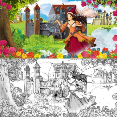 Karikatür doğa eskiz sahnesi. Ormanın yakınında güzel kaleler ve güzel genç bir kız. Çocuklar için çizimler.