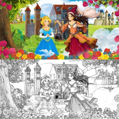 Karikatür doğa eskiz sahnesi. Ormanın yakınında güzel kaleler ve güzel genç bir kız. Çocuklar için çizimler.