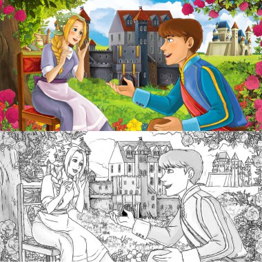 Karikatür doğa eskiz sahnesi. Ormanın yakınında güzel kaleler, içinde güzel genç bir kız ve prens var. Çocuklar için illüstrasyon.