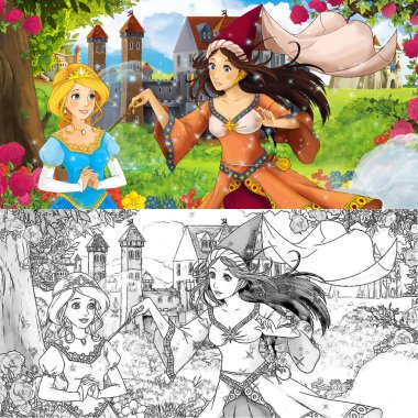 Karikatür doğa eskiz sahnesi. Ormanın yakınında güzel kaleler ve güzel genç bir kız. Çocuklar için çizimler.