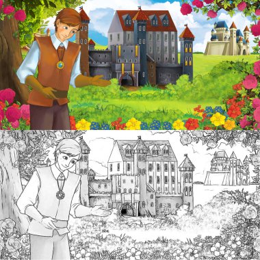 Karikatür doğa eskiz sahnesi. Ormanın yakınında prensli güzel kaleler. Çocuklar için illüstrasyon.