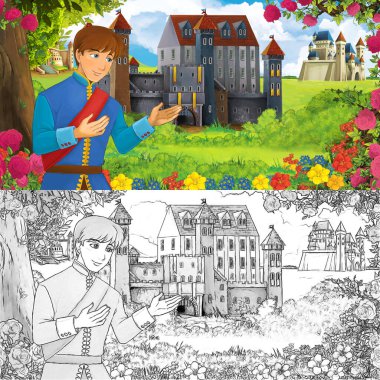 Karikatür doğa eskiz sahnesi. Ormanın yakınında prensli güzel kaleler. Çocuklar için illüstrasyon.