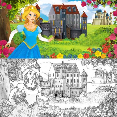 Karikatür doğa eskiz sahnesi. Ormanın yakınında güzel kaleler ve güzel genç bir kız. Çocuklar için çizimler.