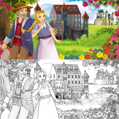 Karikatür doğa eskiz sahnesi. Ormanın yakınında güzel kaleler, içinde güzel genç bir kız ve prens var. Çocuklar için illüstrasyon.