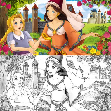 Karikatür doğa eskiz sahnesi. Ormanın yakınında güzel kaleler ve güzel genç bir kız. Çocuklar için çizimler.