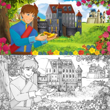 Karikatür doğa eskiz sahnesi, orman prensinin yanında güzel kaleler, çocuklar için çizimler.