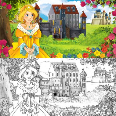 Karikatür doğa eskiz sahnesi. Ormanın yakınında güzel kaleler ve güzel genç bir kız. Çocuklar için çizimler.