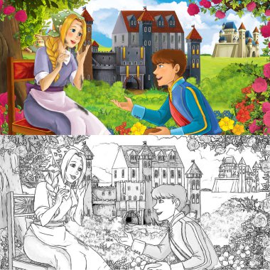 Karikatür doğa eskiz sahnesi. Ormanın yakınında güzel kaleler, içinde güzel genç bir kız ve prens var. Çocuklar için illüstrasyon.
