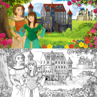 Karikatür doğa eskiz sahnesi. Ormanın yakınında güzel kaleler ve güzel genç bir kız. Çocuklar için çizimler.