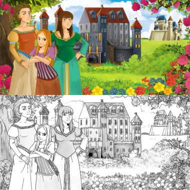 Karikatür doğa eskiz sahnesi. Ormanın yakınında güzel kaleler ve güzel genç bir kız. Çocuklar için çizimler.