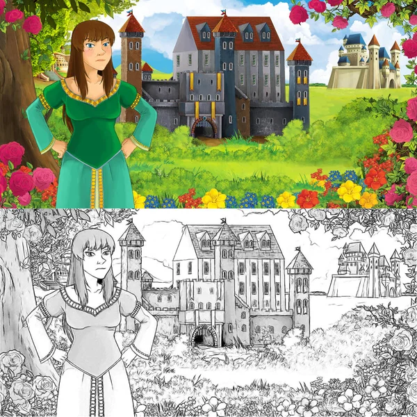 Karikatür doğa eskiz sahnesi. Ormanın yakınında güzel kaleler ve güzel genç bir kız. Çocuklar için çizimler.