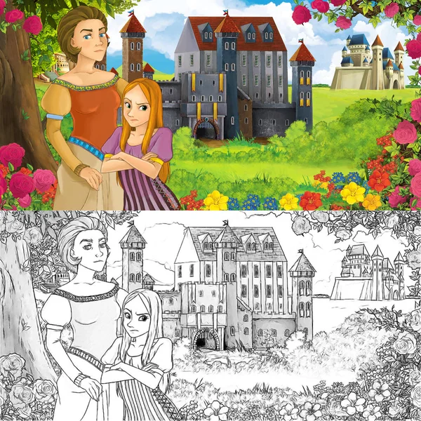Karikatür doğa eskiz sahnesi. Ormanın yakınında güzel kaleler ve güzel genç bir kız. Çocuklar için çizimler.