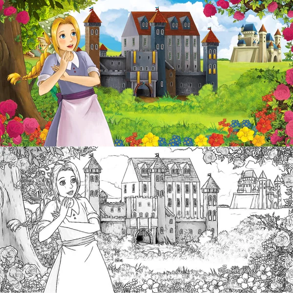 Karikatür doğa eskiz sahnesi. Ormanın yakınında güzel kaleler ve güzel genç bir kız. Çocuklar için çizimler.