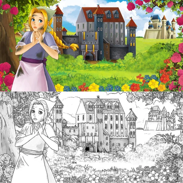 Cartoon Nature Sketch Scene Beautiful Castles Forest Beautiful Young Girl — Stock Photo, Image