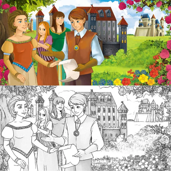 Karikatür doğa eskiz sahnesi. Ormanın yakınında güzel kaleler, içinde güzel genç bir kız ve prens var. Çocuklar için illüstrasyon.